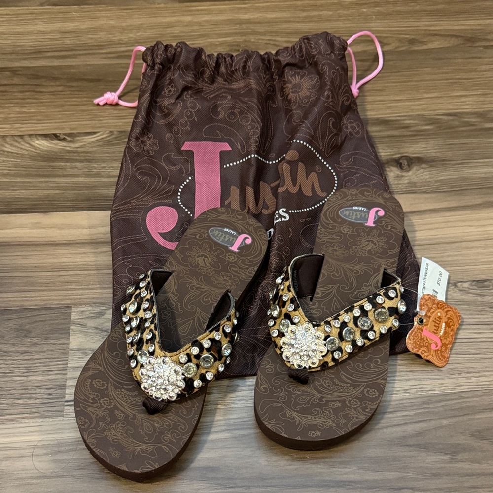 Justin Boots Hannah Brown Leopard Rhinestone Bling Sandals with Dustbag 8 NWT